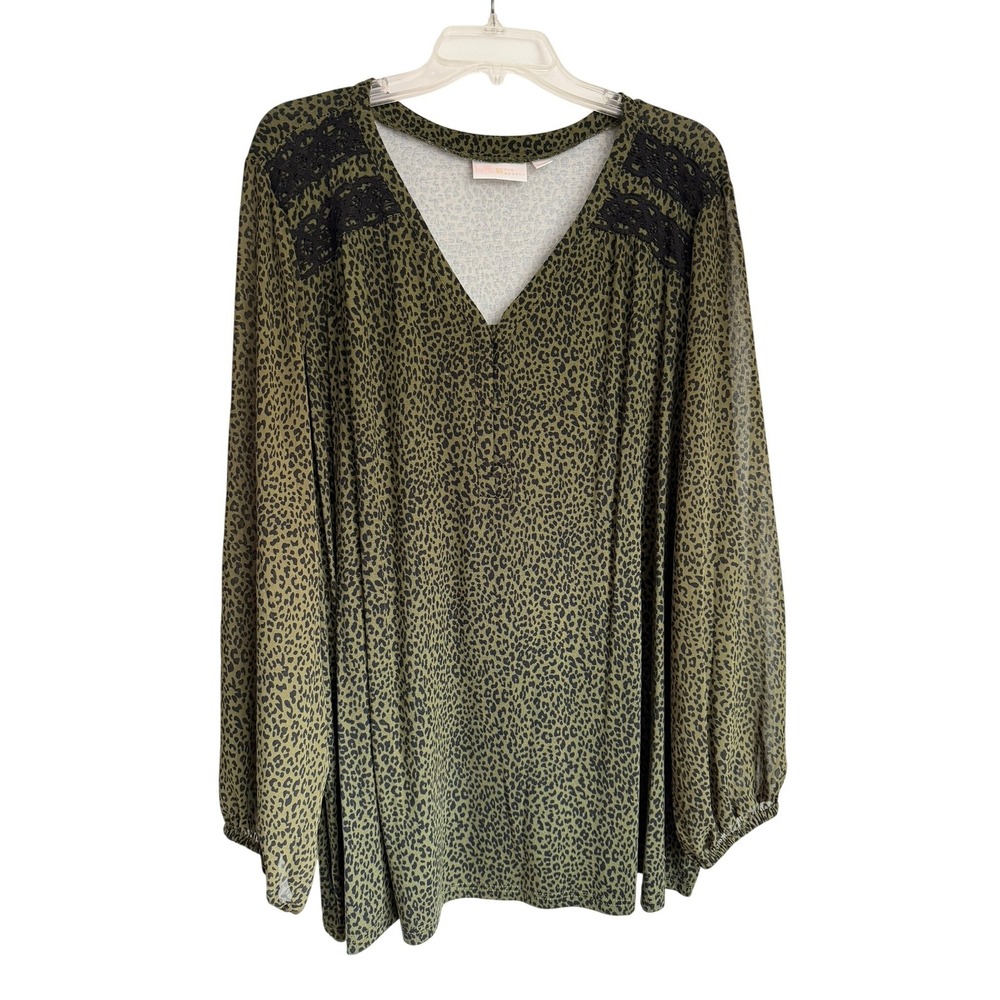 Belle by‎ Kim Gravel Olive Leopard Print Lace Shoulder Blouse Womens 3X Green
